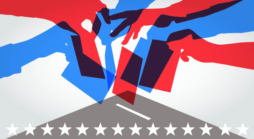 red & blue hands dropping ballots into a ballot box