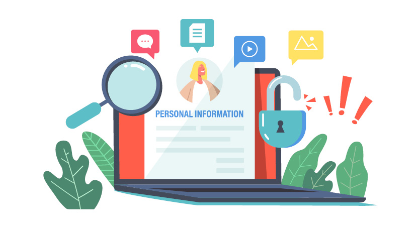 illustrated image of a laptop, a magnifying glass, and a lock.