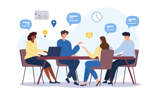 illustrated image of a group of people sitting around a table talking.