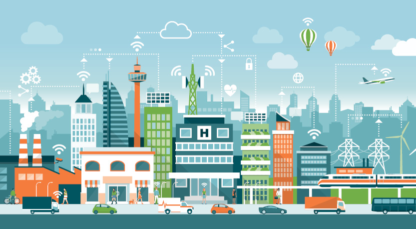 an illustration of a colorful city with a focus on the hospital at the center
