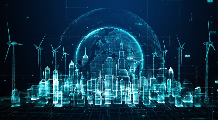 Digitized energy-focused city surrounded by windmills