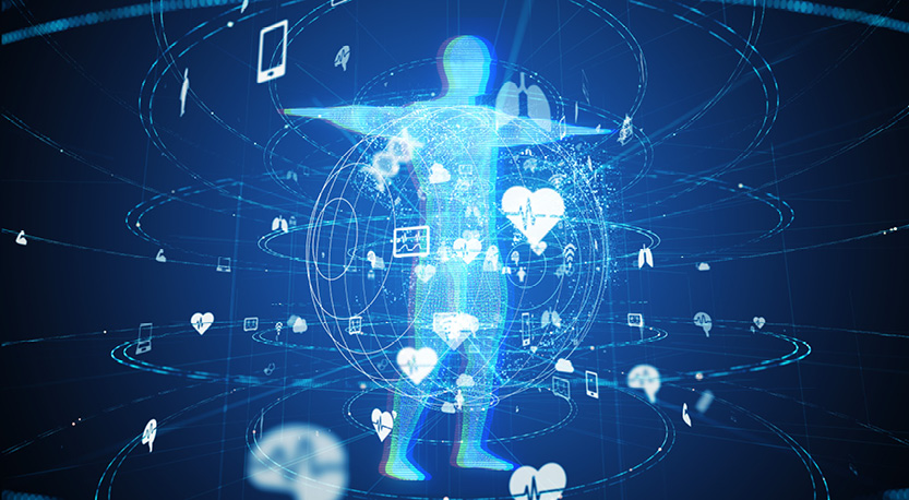 an AI visual of a human with healthcare icons rotating around it