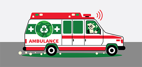 Ambulance image with a recycling logo displayed over the earth on the side