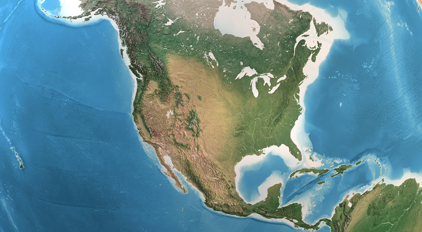 A world map centered on North America