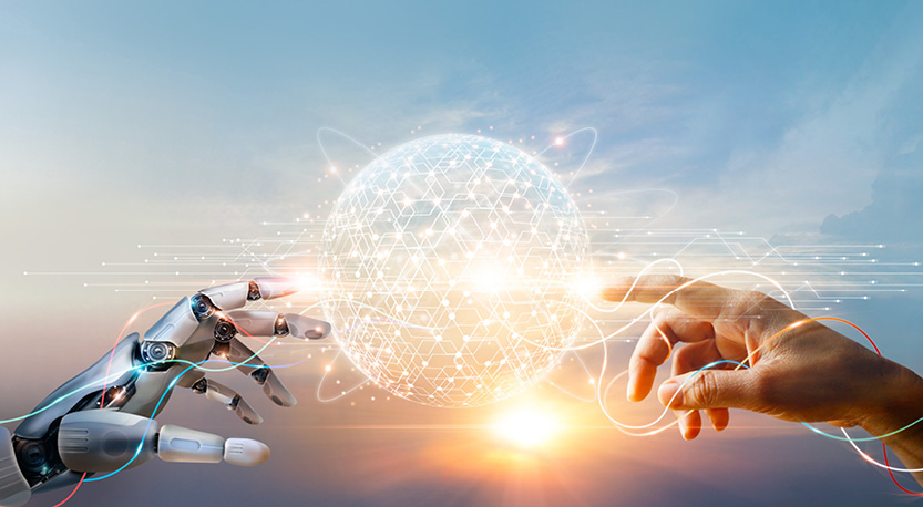 a robot hand reaches out towards a human hand, an orb of data connects them in the middle.