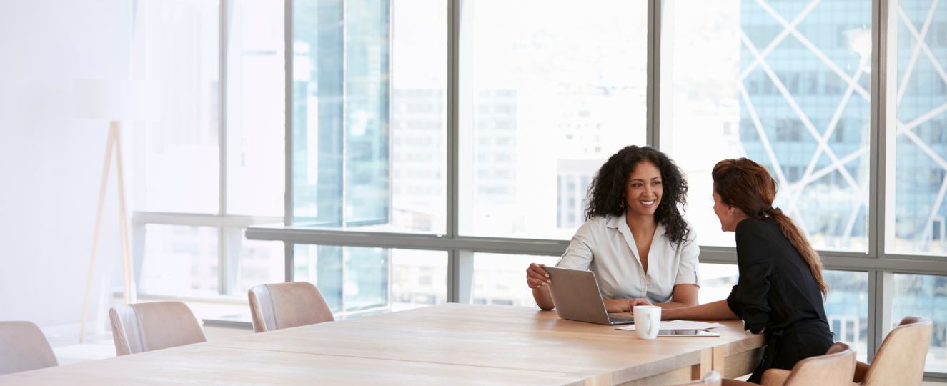 Two Businesswomen Using Laptop In Boardroom Meeting