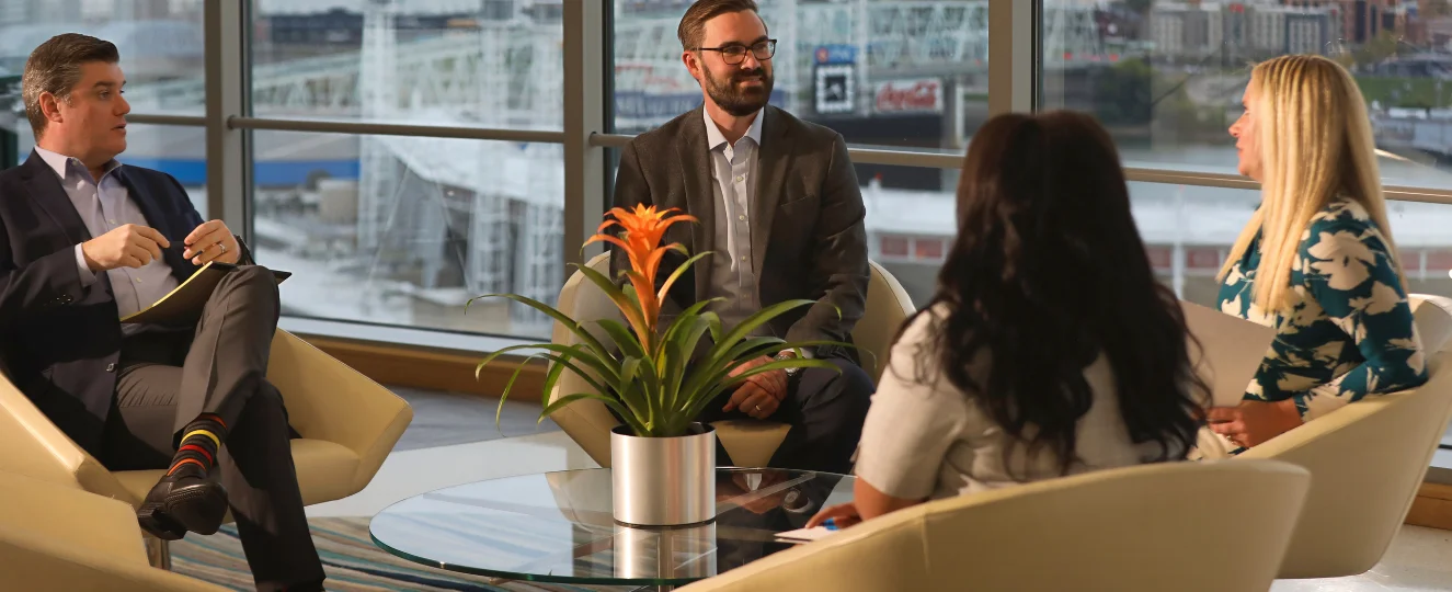 Group talking in lobby